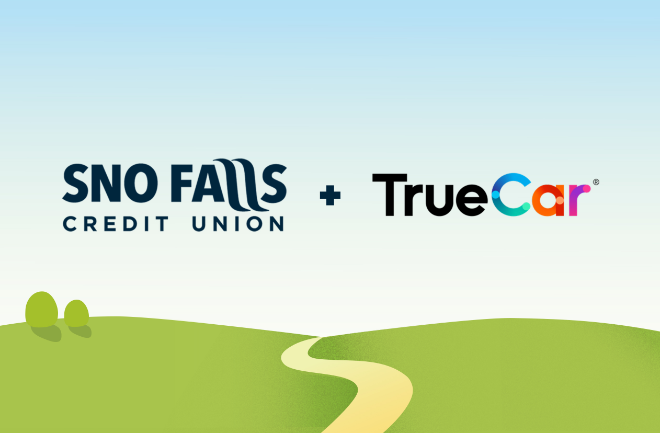 Sno Falls and TrueCar logo above a windy, country road