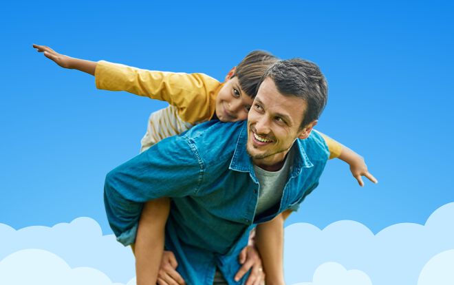 Father and son with blue sky background