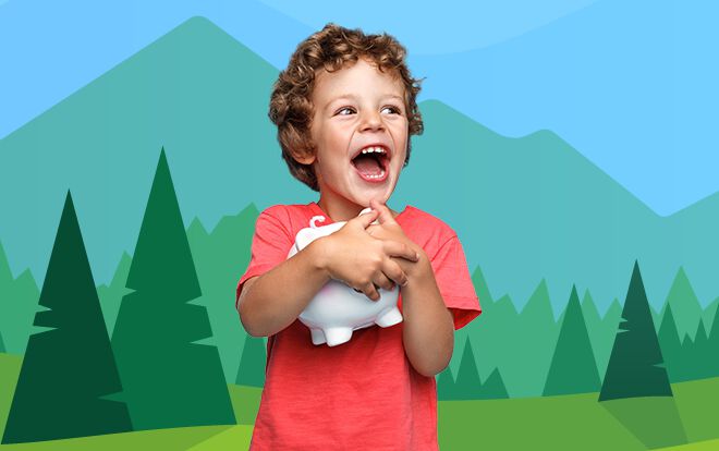 Small child with piggy bank with forest background