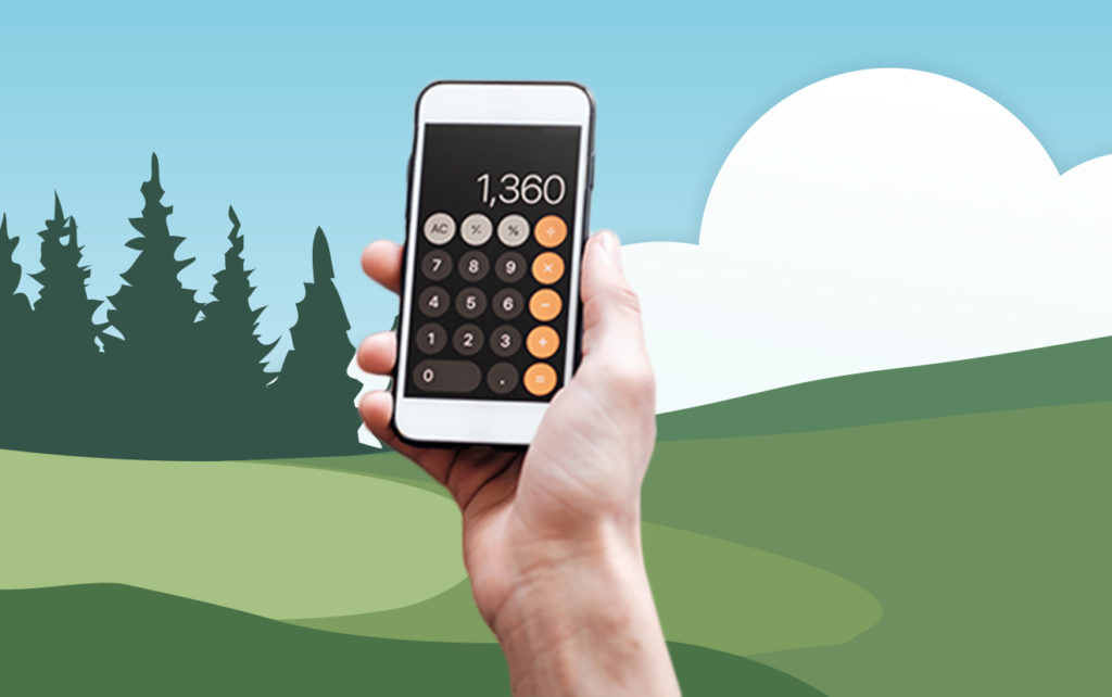 Hands holding calculator in front of illustrated hills