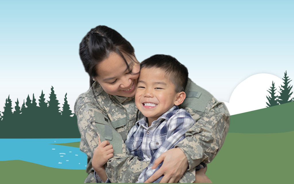 Military mother and her son hugging in front of illustrated lake