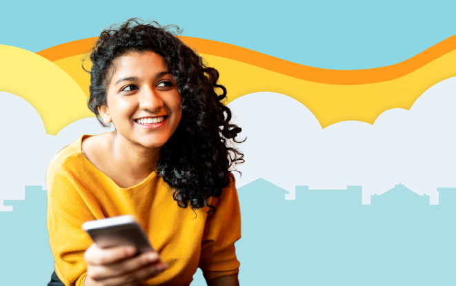 Woman smiling with her phone in front of illustrated skyline at sunset