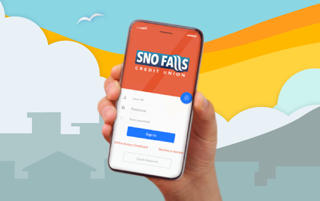 Hand holding mobile phone with Sno Falls app in front of illustrated skyline at sunset