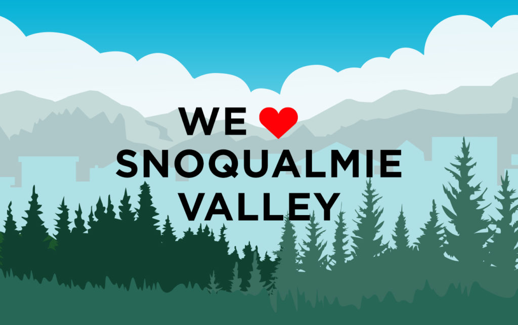 We "heart" Snoqualmie Valley text in front of illustrated trees and city skyline
