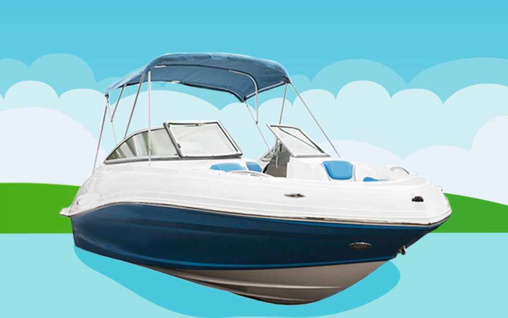 Speedboat with canopy floating in water