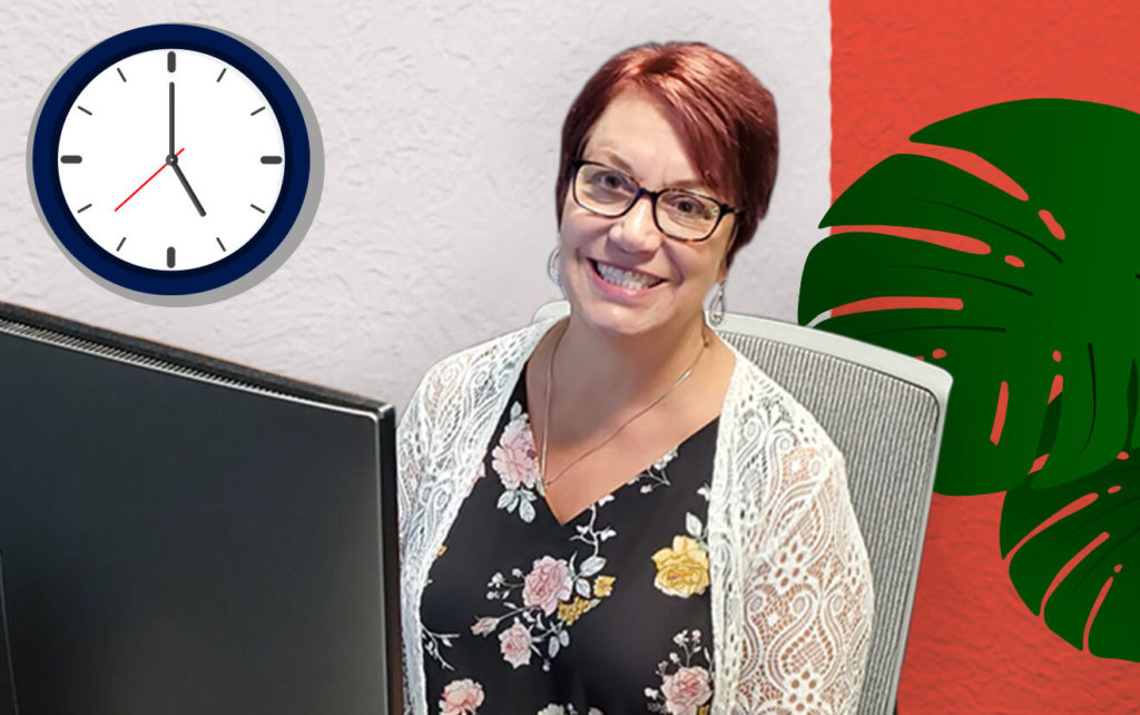 Sno Falls employee at their desk with illustrated office background