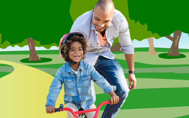 Father helping their child ride a bike in an illustrated park