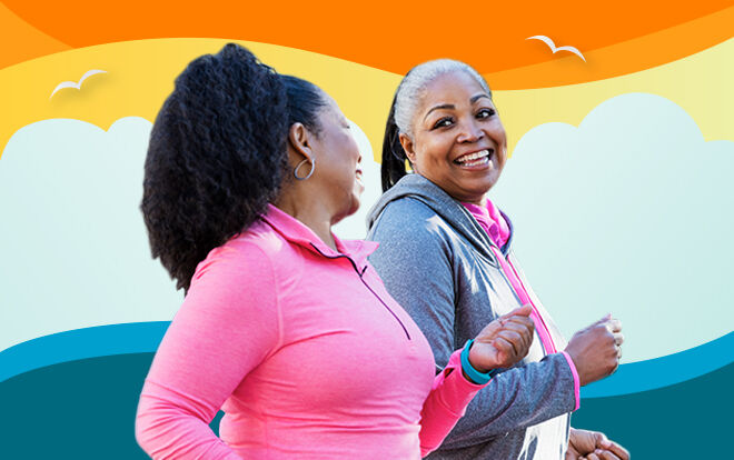 Two women running with an illustrated sunset