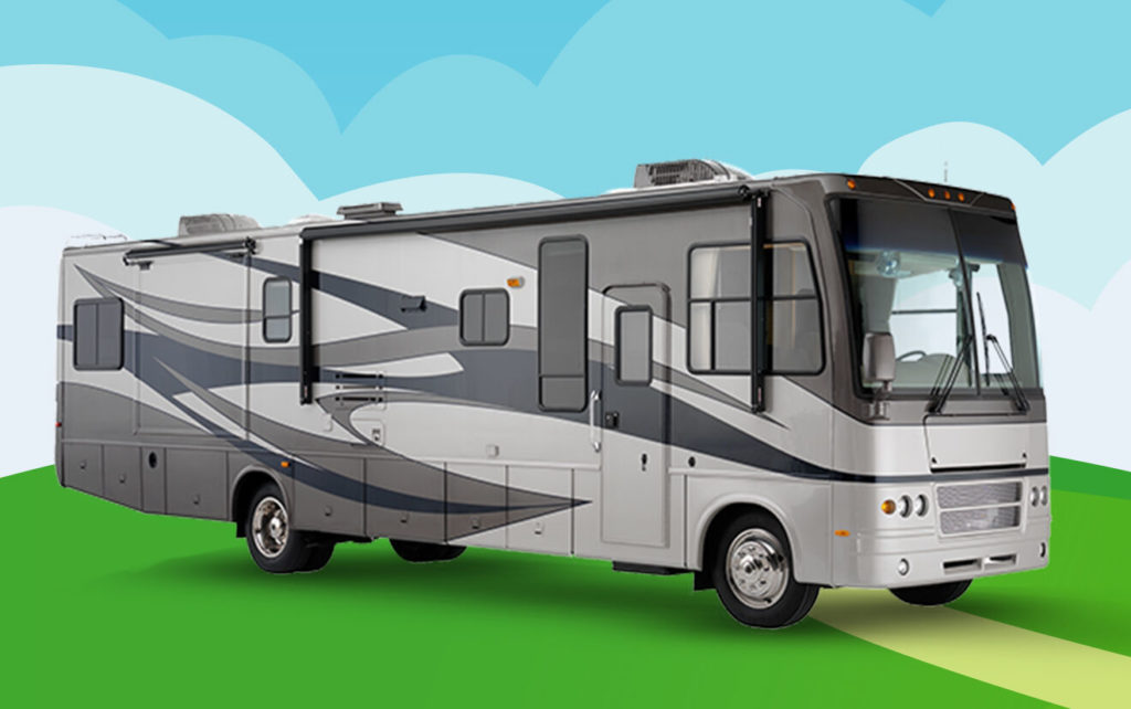 Gray RV parked on an illustrated, sunny hill